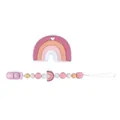 Rainbow silicone baby teether with matching beaded pacifier clip in pink and orange tones - Pink