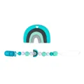 Infant rainbow silicone teether and beaded pacifier clip set in teal and mint green - Lake Blue