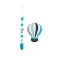 Silicone baby teether set with hot air balloon toy and beaded pacifier clip in cyan and grey - Lake Blue Set