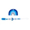 Blue silicone rainbow baby teether set with matching beaded pacifier clip chain - Blue