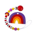 Rainbow silicone teether set with pacifier chain featuring colorful beads and baby text - Red