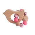Pink silicone and beech wood baby teether with bird-shaped wooden pendant and beads - Teething Gelatin / Pink