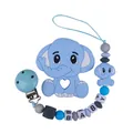 Blue elephant baby teething set with silicone beads and wooden clip for pacifier - Blue Set