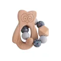 DIY baby pacifier clip with owl wood teether and grey leopard silicone beads - Teething Gelatin / Gray