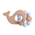 Whale beech wood baby teether ring with light blue silicone and terrazzo beads - Teething Gelatin / Blue