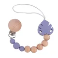 Silicone pacifier clip with beech wood beads and grey monstera leaf pendant - Lilac Purple