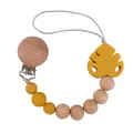 Baby pacifier clip with yellow silicone monstera leaf and natural beech wood beads - Turmeric
