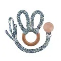 Blue and white woven pacifier clip with beech wood teething ring and bunny ear detail - Style 1