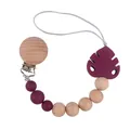 Silicone pacifier clip with dark red monstera leaf and natural beech wood beads - Burgundy