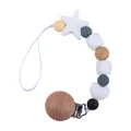 Silicone pacifier clip with white star bead and wooden metal clamp for babies - White