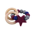 Silicone baby teether bracelet with purple star charm and natural wooden rings - Burgundy