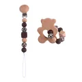 DIY beechwood baby pacifier clip with leopard print silicone beads and wooden bear teether - Pacifier Clip And Teether Set / Coffee