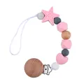 Pink star and heart silicone bead pacifier clip with wooden fastener for babies - Pink
