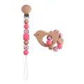 Pink silicone and beech wood baby pacifier clip with bird teether toy set - Pacifier Clip And Teether Set / Pink