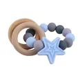 Baby teething bracelet with blue silicone star and natural wooden rings for sensory play - Blue