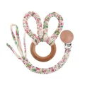 Handmade wooden baby pacifier clip and teething ring with floral print fabric ears - Fresh Green Floral (3#)