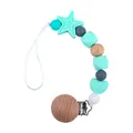 Mint green star silicone pacifier clip with gray beads and natural wooden holder - Green