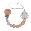 Baby pacifier clip with grey silicone beads and monstera leaf teether in beech wood - Light Gray