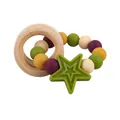Olive green and yellow silicone bead star teether ring with natural wooden bracelet - Avocado Green