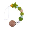 Green silicone bead pacifier clip with star and heart shapes on white background - Avocado Green