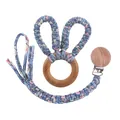 Handmade beech wood pacifier clip and bunny ear teething ring set in blue and pink tones - Blue Pink Mixed Weave (4#)