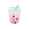 Pink silicone baby teether shaped like a boba milk tea cup with colorful pearls - Pink