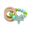 Baby teething bracelet with natural wood rings and green star silicone beads - Light Green