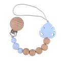 Baby pacifier clip with light blue silicone beads and monstera leaf teether on beech wood - Light Blue
