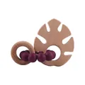 Baby teething bracelet with natural beech wood ring, leaf pendant and purple silicone beads - Burgundy