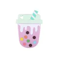 Pink milk tea cup baby teether made of food-grade silicone with green heart lid - Purple