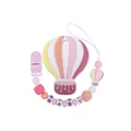 Pink cartoon hot air balloon baby pacifier clip with silicone beads and BABY letter blocks - Pink