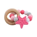 Pink silicone star and wood ring teether bracelet for babies soothing sore gums - Deep Pink
