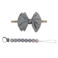Gray and khaki nylon bow headband with matching beaded silicone pacifier clip set - Gray