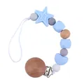 Silicone pacifier clip with blue star beads and wooden accents for baby safety - Light Blue