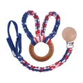 Attache-tétine et anneau de dentition en hêtre fait main avec oreilles en tissu tricolore - Rayures Rouge Blanc Bleu (7#)