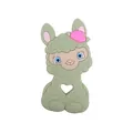 Light green alpaca baby teether with heart-shaped grip and floral head detail - Grass Green