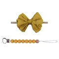 Mustard yellow baby set with ribbed nylon bow headband and silicone pacifier clip - Turmeric
