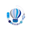Blue hot air balloon silicone teether set with customizable baby name beaded clip - Blue