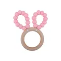 Pink silicone beads and natural wooden ring baby teether toy in bunny ear design - Pink