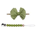 Infant headwrap and pacifier clip set in sage green with striped bow and silicone beads - Avocado Green