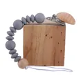 Baby pacifier clip with grey silicone beads and natural beech wood beads on white background - Gray