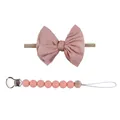 Bandeau à nœud en nylon rose et attache-tétine en silicone pour bébés en tons pastels - Rose Bonbon