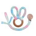 Attache-tétine tressé rose et bleu avec anneau de dentition en bois de hêtre - Tissage Mixte Trois Couleurs (9#)