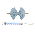 Light blue bow nylon headband and matching silicone pacifier clip set for babies - Light Blue