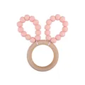 Pink silicone beads and wooden rabbit ears teething ring for baby sensory play - Rose Pink