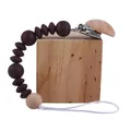 Silicone pacifier clip with beech wood beads and metal clamp in dark brown and wood color - Coffee