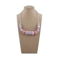 Baby teething necklace with pink and marble silicone beads and natural wooden accents - Light Purple