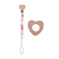 Silicone and beech wood pacifier clip set with heart-shaped wooden teether in pink - Heart Jewelry Set