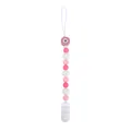 Pink and white silicone pacifier clip with round beads and secure plastic safety clasp - Pink