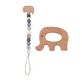 Gray silicone bead pacifier chain with elephant wooden clip and teething ring set - Elephant Set
